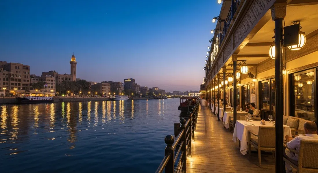 Pier88 Nile River aboard the moored Imperial Boat at dusk, terrace lights reflecting on the Nile and a fine-dining table set beside the water