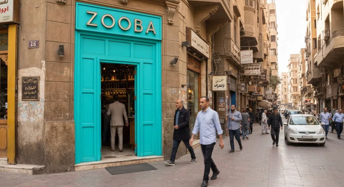 Zooba’s bright turquoise doorway on 26th July Street, with the entrance framed by Cairo foot traffic and afternoon shade