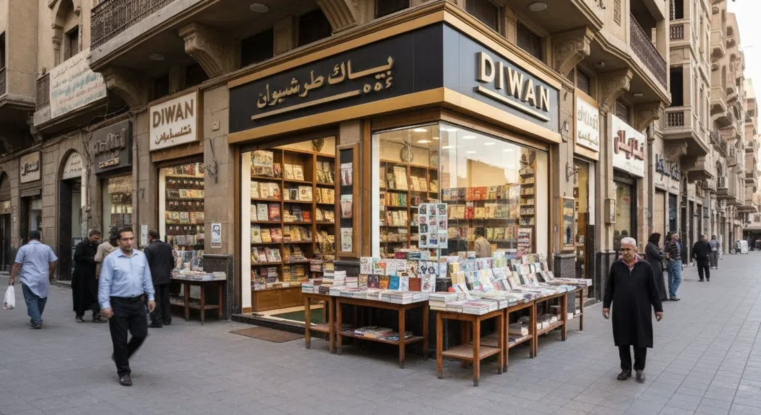 Diwan bookshop on 26th July Street, its bright storefront and browsing tables visible from the pavement in daytime light