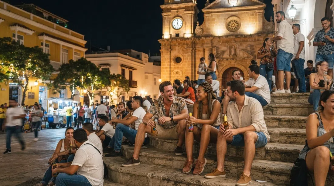 Plaza de la Trinidad at night in Getsemaní, people gathered on the church steps with beer bottles, warm streetlight, and music spilling from nearby doorways