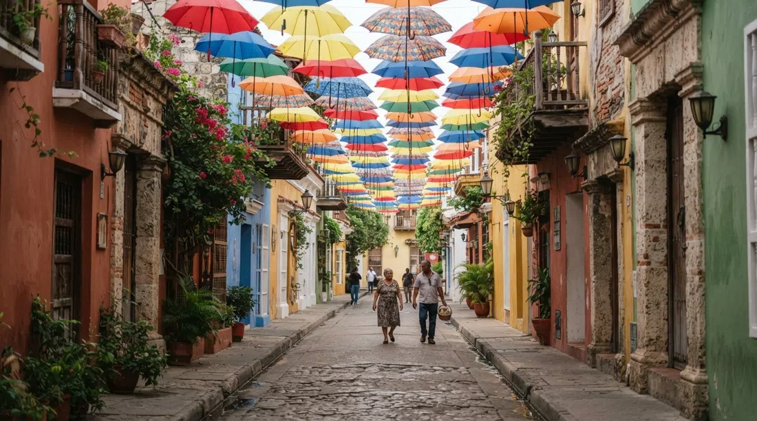 Callejon Angosto in Getsemaní under hundreds of colorful umbrellas, early morning light and a nearly empty lane for a clean photograph
