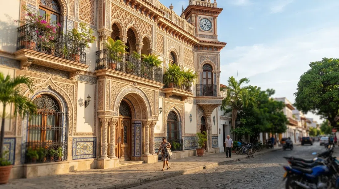 Casa Román on Calle 25 in Manga, neo-Mudéjar façade with Alhambra-inspired plasterwork and ceramics, seen from the street in bright late-afternoon light