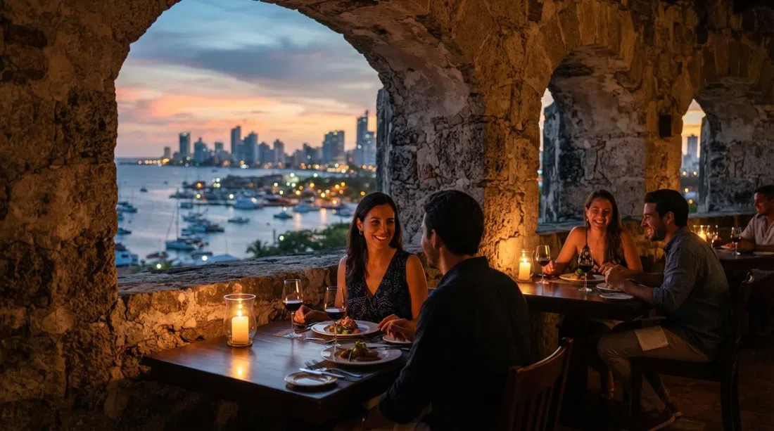 Club de Pesca inside the Fort of San Sebastián del Pastelillo, candlelit tables in cannon embrasures looking out over Cartagena Bay at sunset