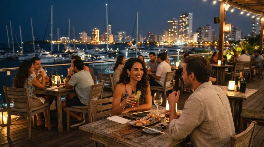 Mabare Restaurante-Bar on the Club Náutico marina rooftop, cocktails and sushi with sailboats and Bocagrande skyline glowing after dusk