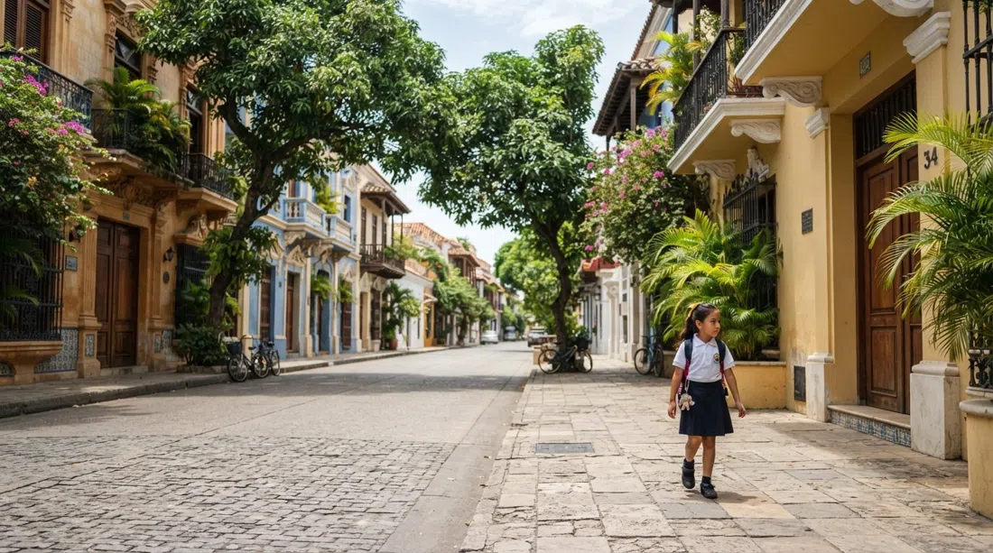 a quiet mansion street in Manga lined with Republican houses and shade trees, viewed at midday with a school-uniformed child walking past