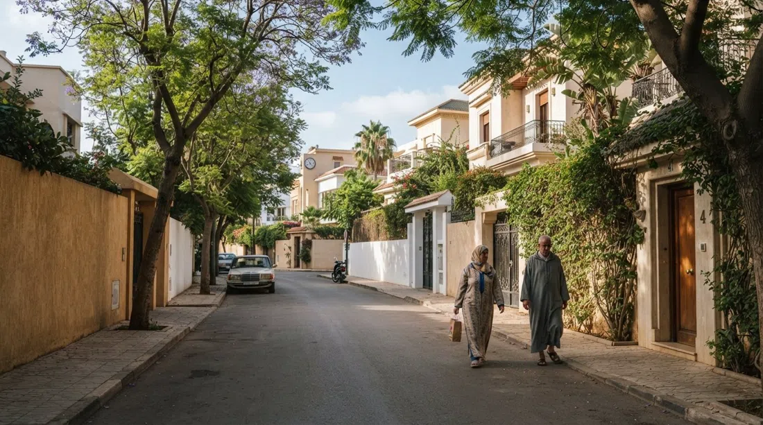 Anfa’s villa-lined residential street at soft morning light, tall boundary walls, jacaranda and ficus trees shading the pavement