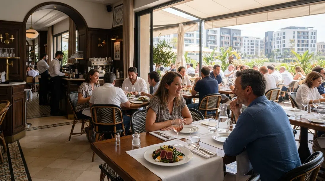 the terrace and dining room at La Table du Marché Casa Anfa, polished French brasserie setting with neatly plated lunch dishes and daylight from the terrace