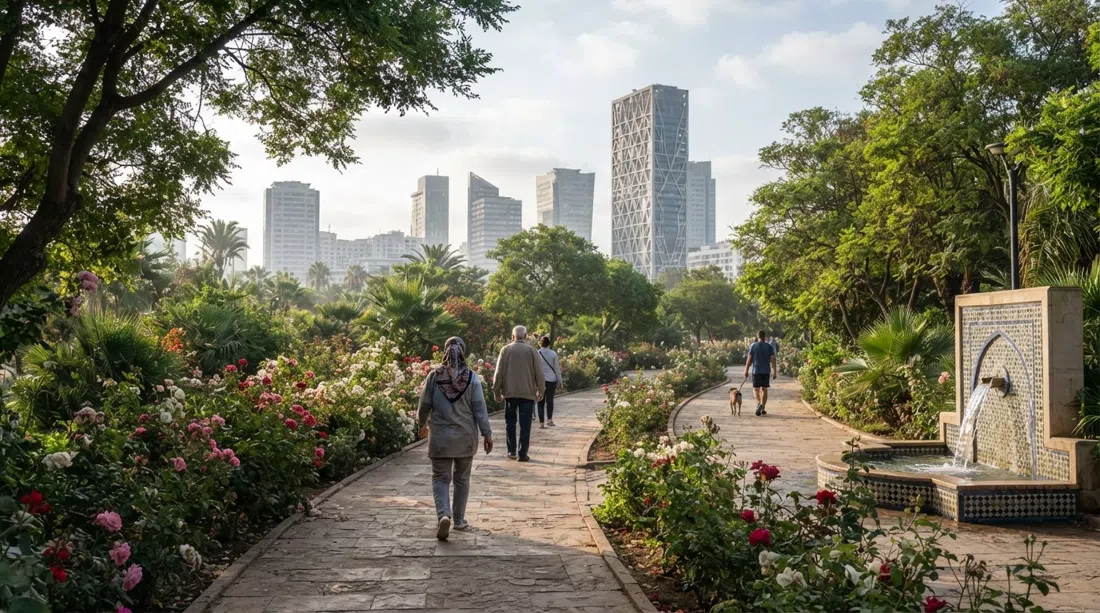 Anfa Park’s shaded path with rose beds, fountains and the CFC towers rising beyond the trees in early morning light
