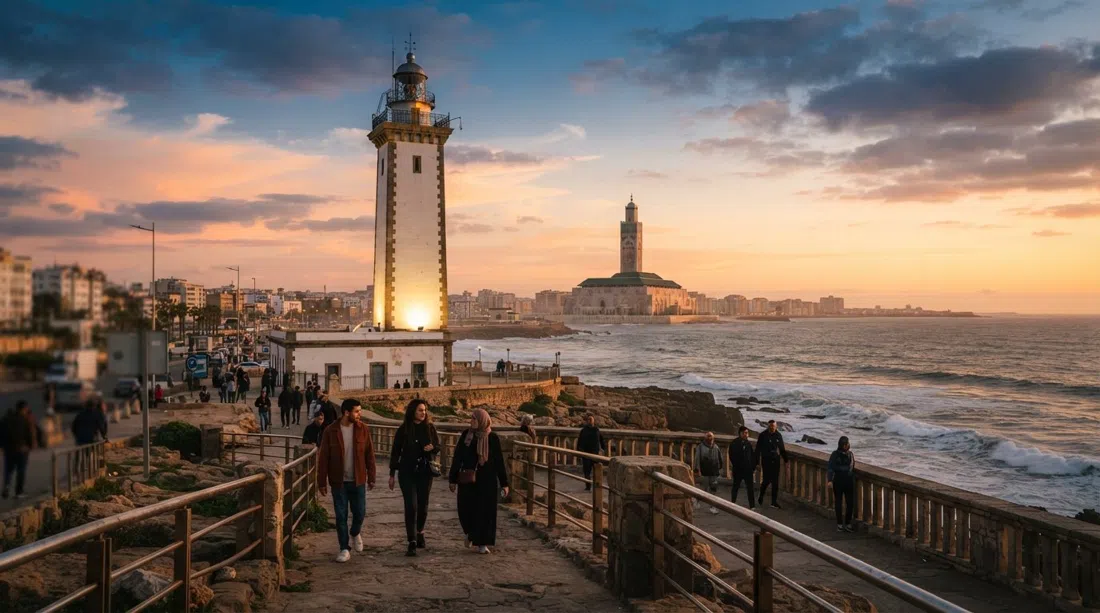 El Hank Lighthouse at sunset, the white tower against a warm Atlantic sky with Casablanca and the Hassan II Mosque in the distance