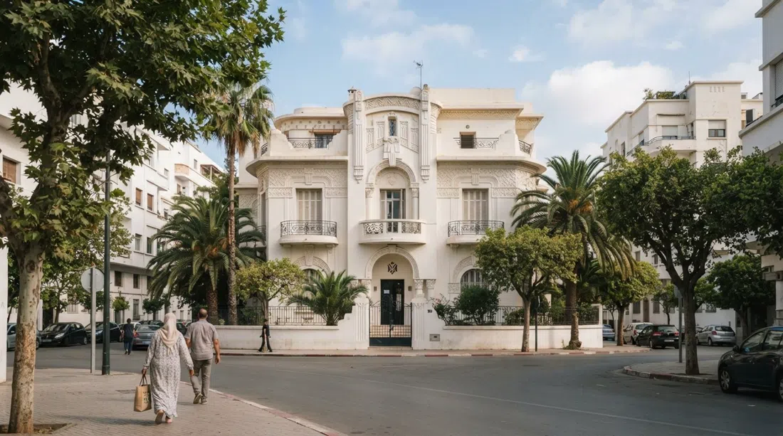 the restored 1934 Art Deco façade of Villa des Arts de Casablanca on Boulevard Brahim Roudani, framed by trees and a quiet street