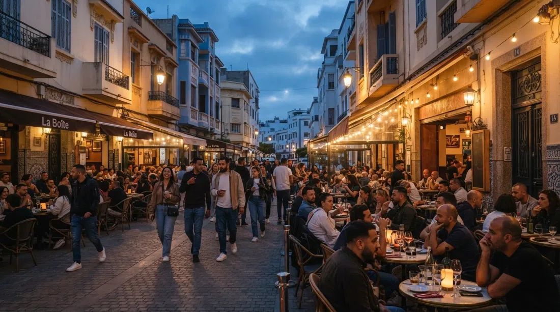 Rue Jean Jaurès in Gauthier at early evening, terrace tables filling under warm lights, with 1930s low-rise facades and pedestrians moving between bistros