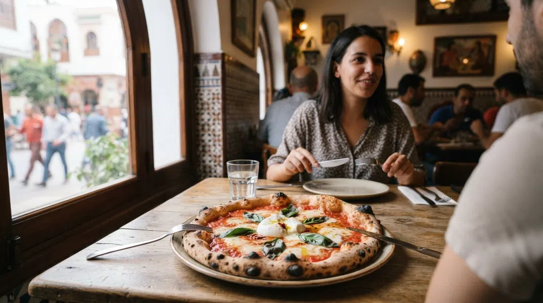 a Neapolitan pizza at Le Petit Italien, with glossy tomato, burrata and blistered crust on a simple table near a window