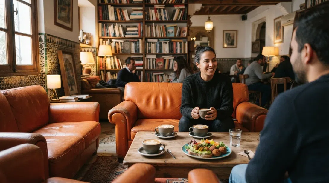 the book-lined interior of Niya with orange leather sofas, specialty coffee cups and a plate of plant-based food on the table