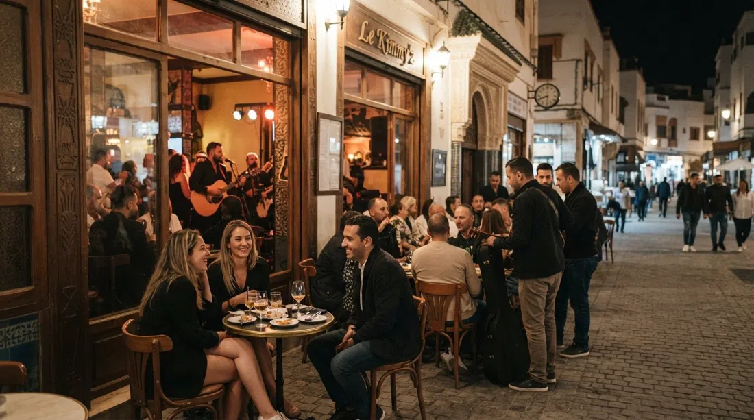 Le Kimmy'z at night on Rue Najib Mahfoud, warm interior light spilling onto the sidewalk as guests gather for live music