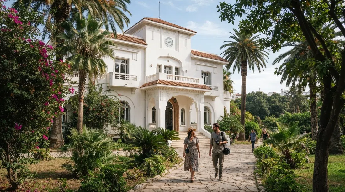 the white Art Deco Villa des Arts de Casablanca in its garden setting near the Parc de la Ligue Arabe, seen in daylight with trees framing the facade
