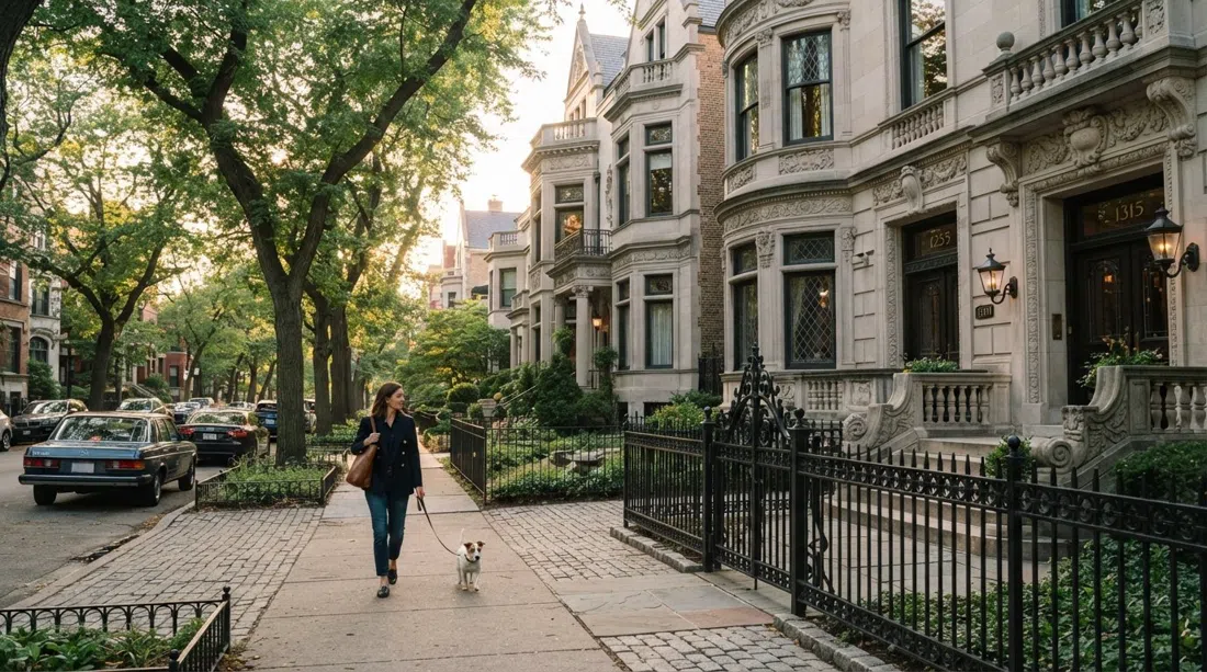 Astor Street District mansions in the Gold Coast at soft afternoon light, ornate facades and ironwork lining a quiet residential block