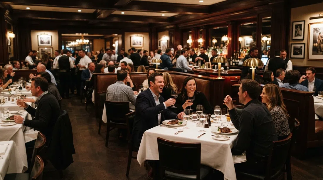 the lively bar and dining room at Gibsons Bar & Steakhouse on Rush Street, dark wood, white tablecloths and a classic steakhouse crowd