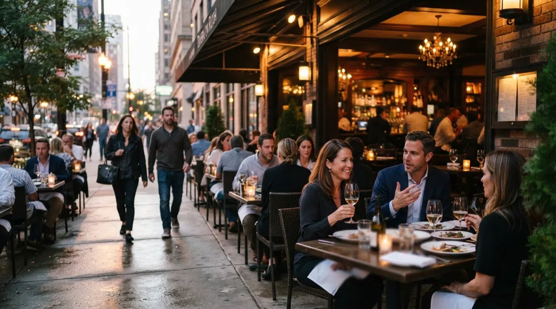 evening sidewalk tables at Tavern on Rush in the Viagra Triangle, warm interior light spilling onto Rush Street with diners and passersby