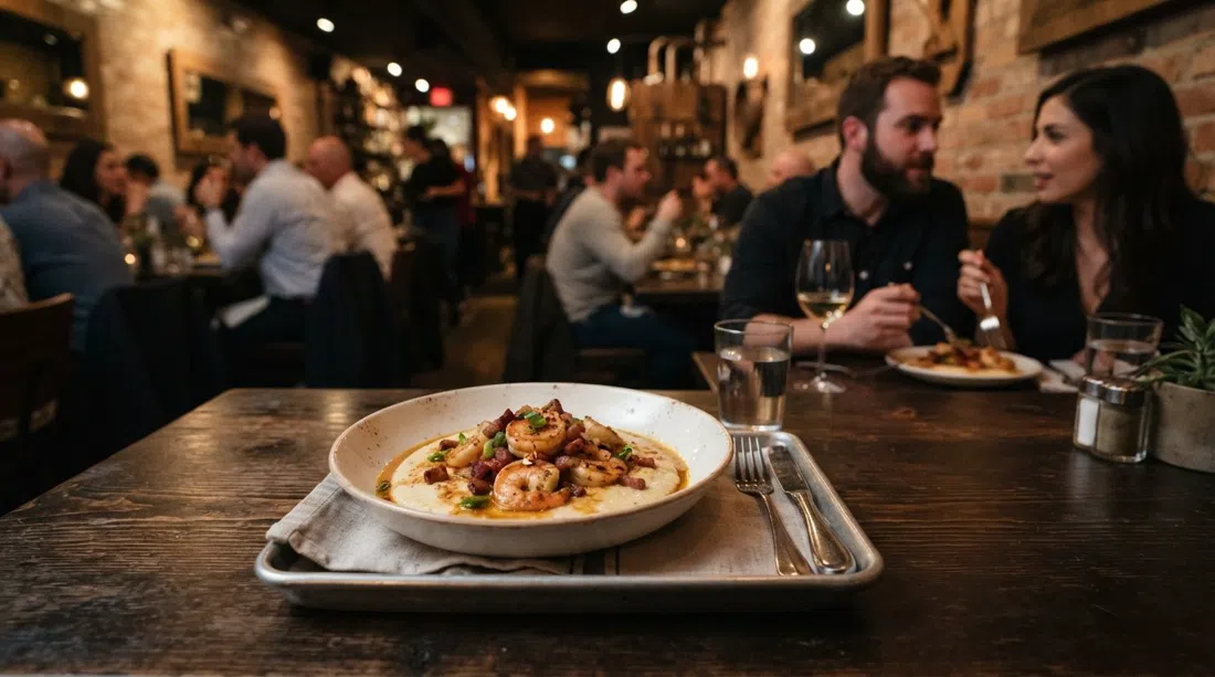 a warmly lit plate of shrimp and grits at Virtue Restaurant & Bar on 53rd Street, refined Southern plating on a dark table