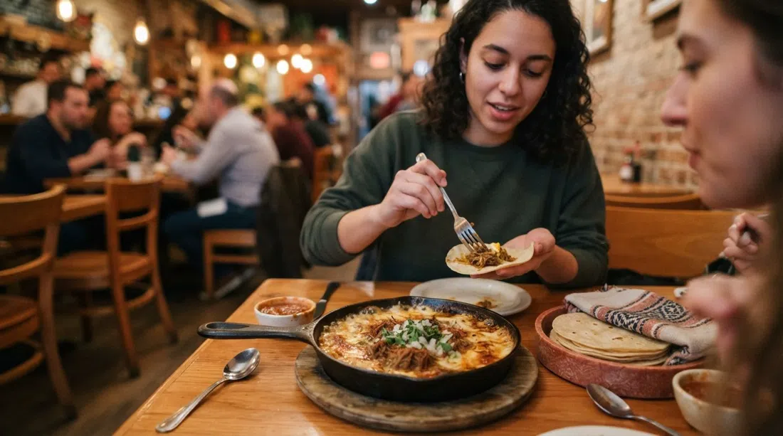 a bubbling skillet of queso fundido with goat birria at Mi Tocaya Antojeria, molten cheese and tortillas on a warmly lit table
