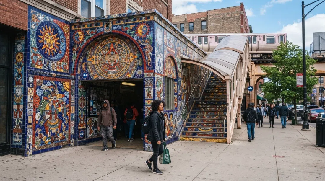 the 18th Street Pink Line station in Pilsen, Chicago, wrapped in Francisco Mendoza’s mosaics and murals with Aztec sun-and-moon motifs at street level