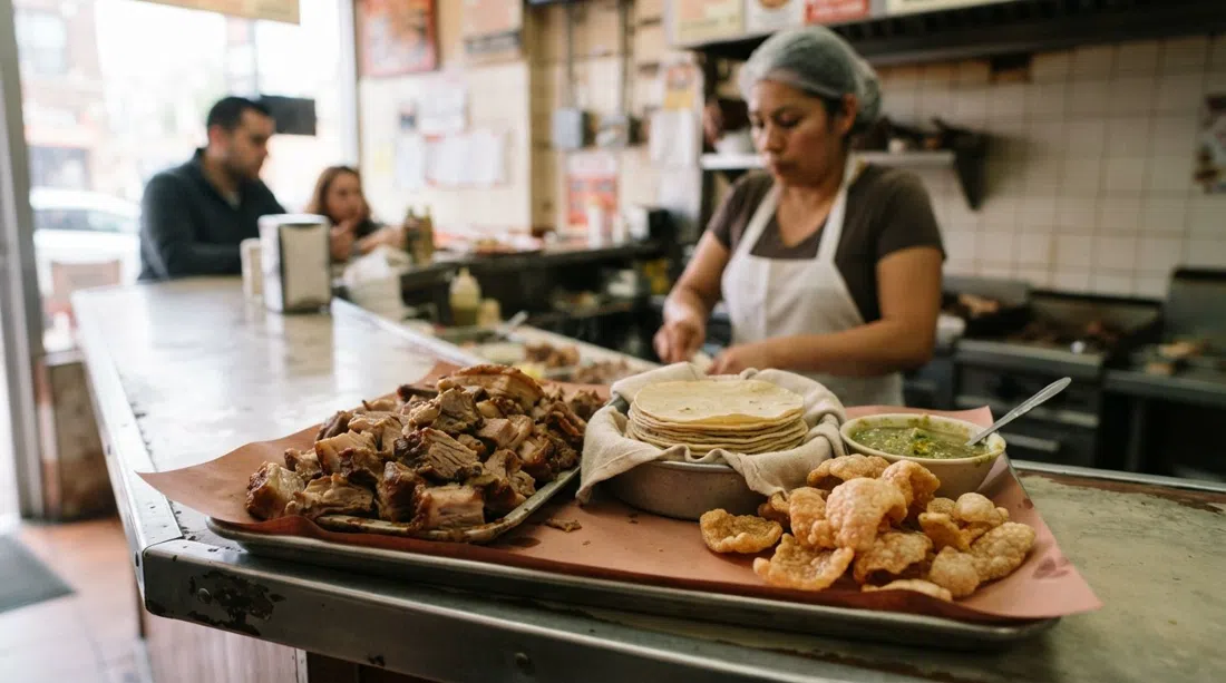 a tray of Carnitas Uruapan pork by the pound with fresh tortillas, salsa verde and crisp chicharrón on a counter in Pilsen