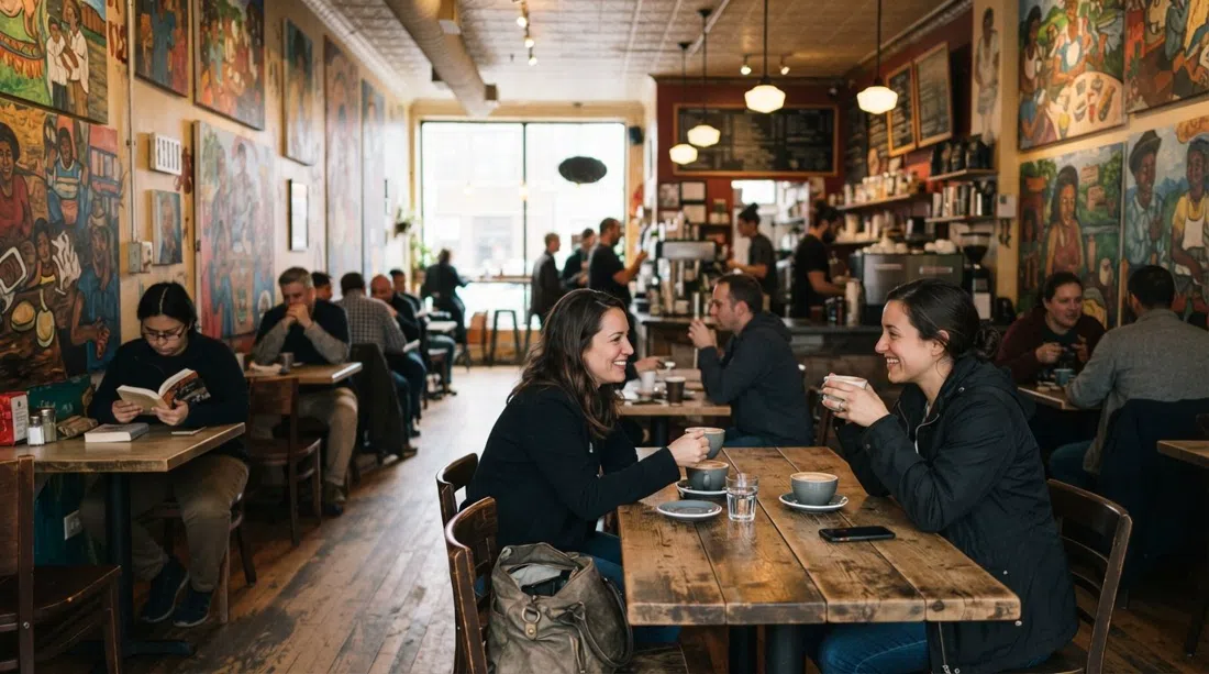 the bright, muralled interior of Cafe Jumping Bean in Pilsen, Chicago, with coffee cups on tables and neighborhood regulars in the room