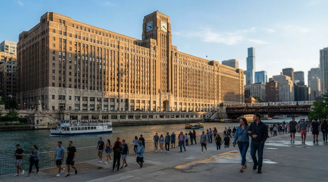 theMART’s massive Art Deco riverfront facade in late afternoon light, its long horizontal mass rising above the Chicago River