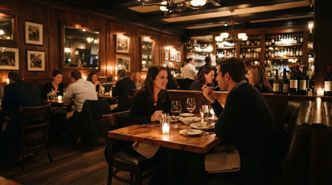 the dim, wood-panelled dining room at Bavette’s Bar & Boeuf, candlelit tables and a polished steakhouse glow
