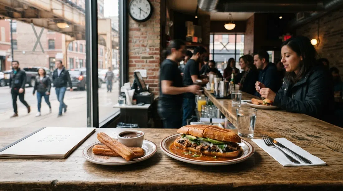 a plate of tortas and thick hot chocolate at Xoco, with churros beside it on a counter by the Clark Street entrance