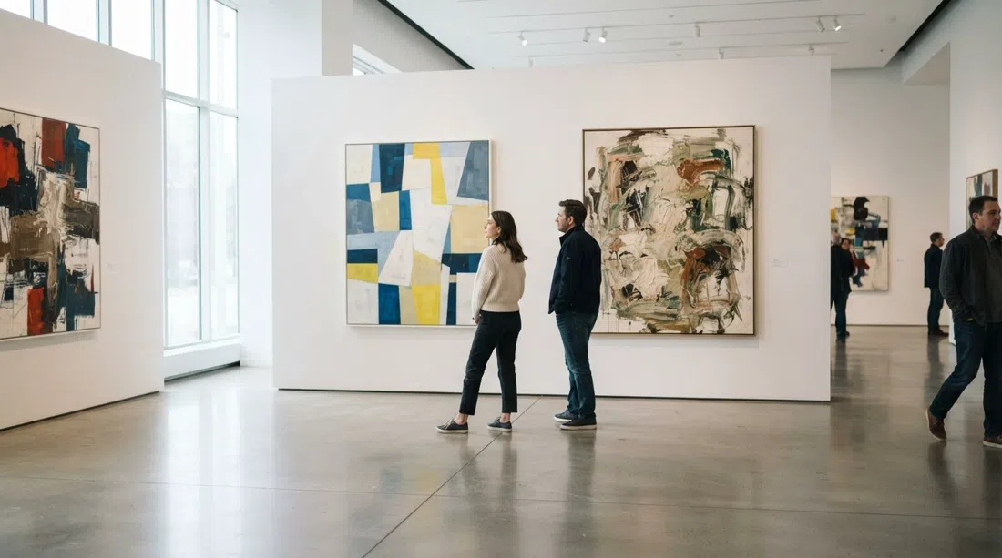 a white-walled contemporary gallery in River North with large abstract canvases and polished concrete floors