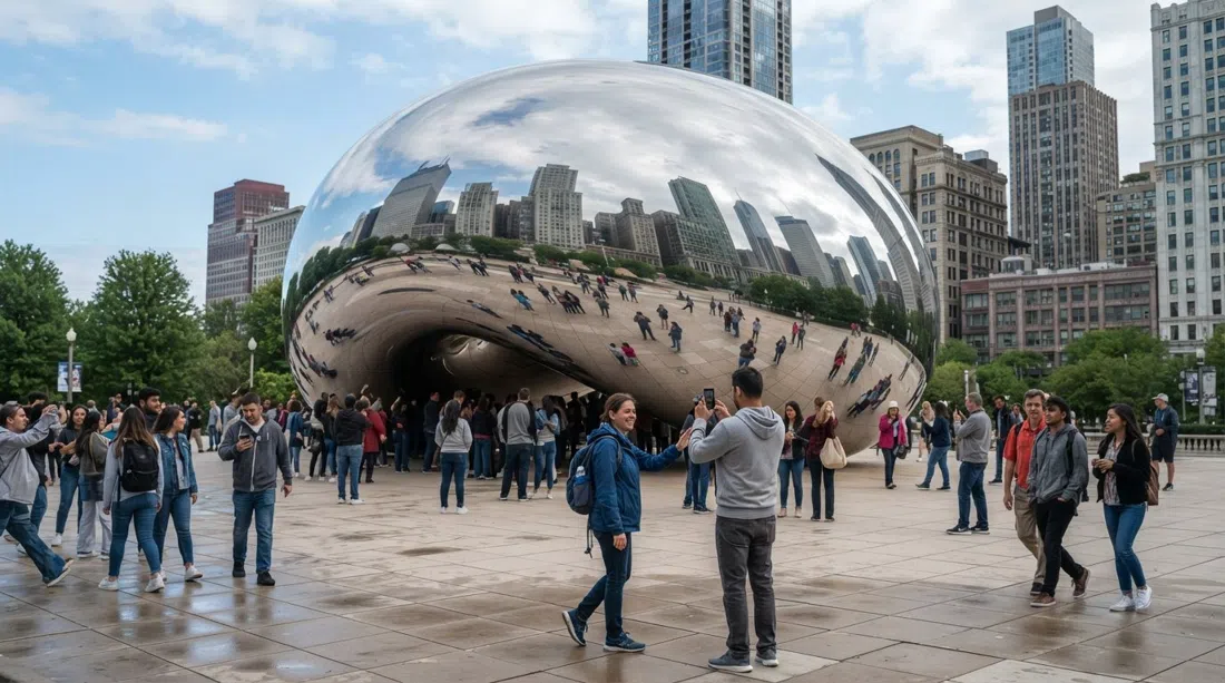 Cloud Gate in Millennium Park reflecting Chicago’s skyline at daylight, visitors gathered around the mirrored Bean on the plaza