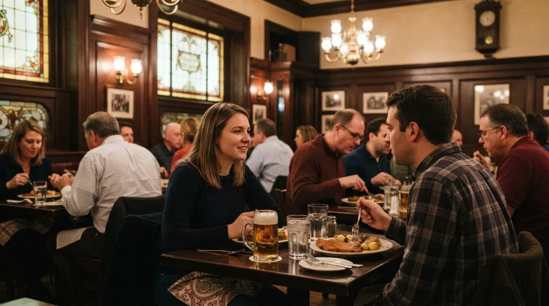 The Berghoff’s classic dining room at 17 W Adams, warm wood, beer glasses and German plates under historic lighting