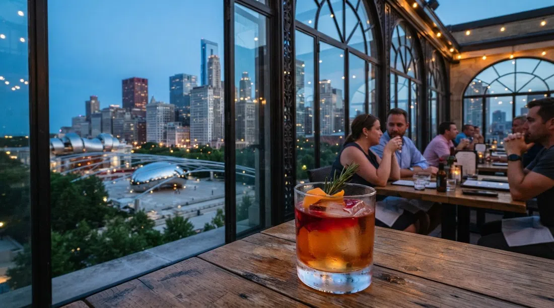 A cocktail at Cindy’s on the 13th floor with Millennium Park and Cloud Gate visible below through the rooftop windows at dusk