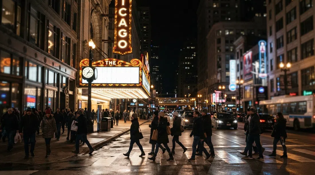 The Chicago Theatre marquee glowing on State Street at night, pedestrians crossing beneath the historic sign