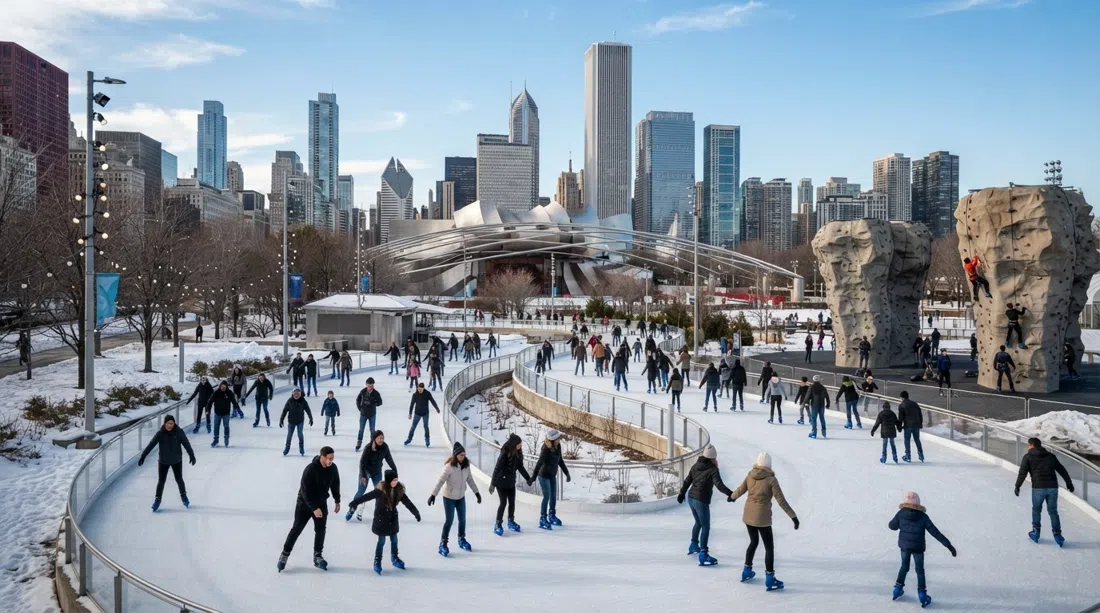 Maggie Daley Park’s winding skating ribbon and climbing area beside Millennium Park on a bright winter day