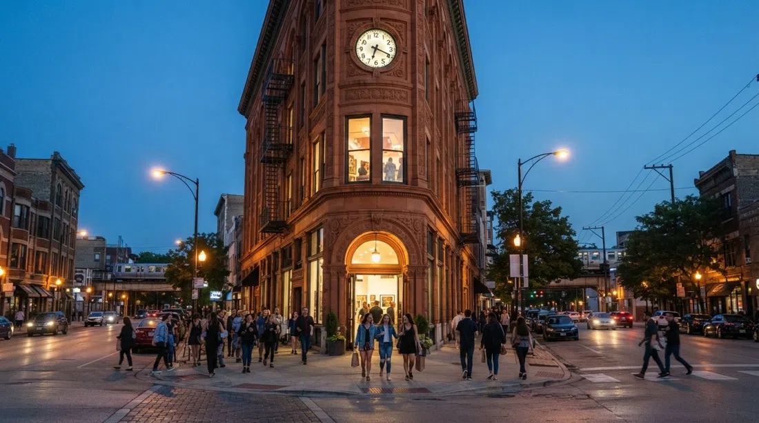 the wedge-shaped Flat Iron Arts Building at Six Corners on Milwaukee Avenue, its historic facade and studio windows lit in the evening as people arrive for first Friday open studios