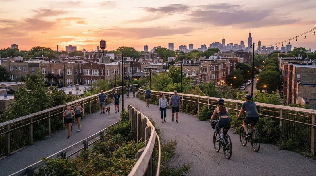 sunset on The 606 elevated trail above Bucktown, cyclists and walkers moving along the greenway with low rooftops and warm sky beyond