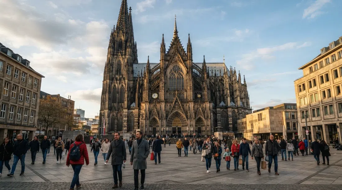 Cologne Cathedral’s twin Gothic spires rising above Roncalliplatz in late-afternoon light, pedestrians crossing the square below