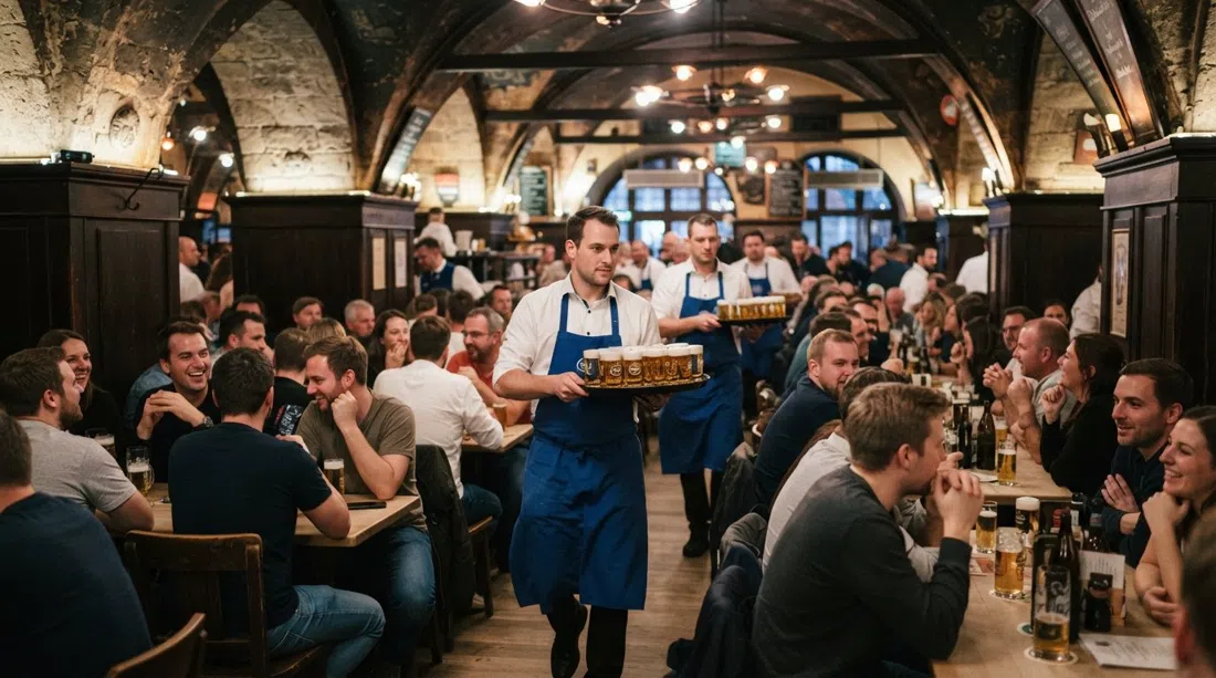 the vaulted rooms of Früh am Dom crowded with Köbes waiters carrying trays of Kölsch Stangen, warm brass and wood under the cathedral-side bustle