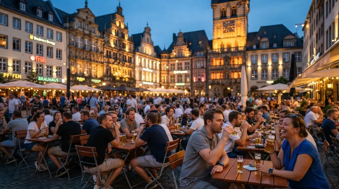 Alter Markt on a warm summer evening, tables spilling into the square beneath old façades, brewery signs glowing and people drinking Kölsch outdoors