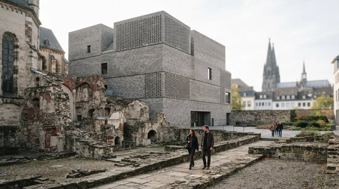 Kolumba’s grey-brick exterior emerging from the ruins of St. Kolumba, with the restrained façade and archaeological layers visible in soft daylight