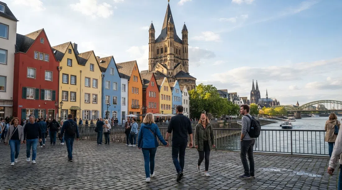 the Fischmarkt with brightly painted gabled houses beneath Groß St. Martin’s four-turret Romanesque tower, river light reflecting off the façades