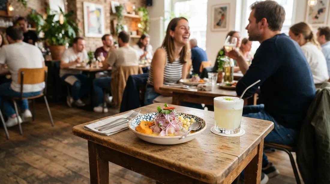 a ceviche sharing plate and pisco sour at Tigermilch on Brüsseler Straße, bright modern plating on a small table