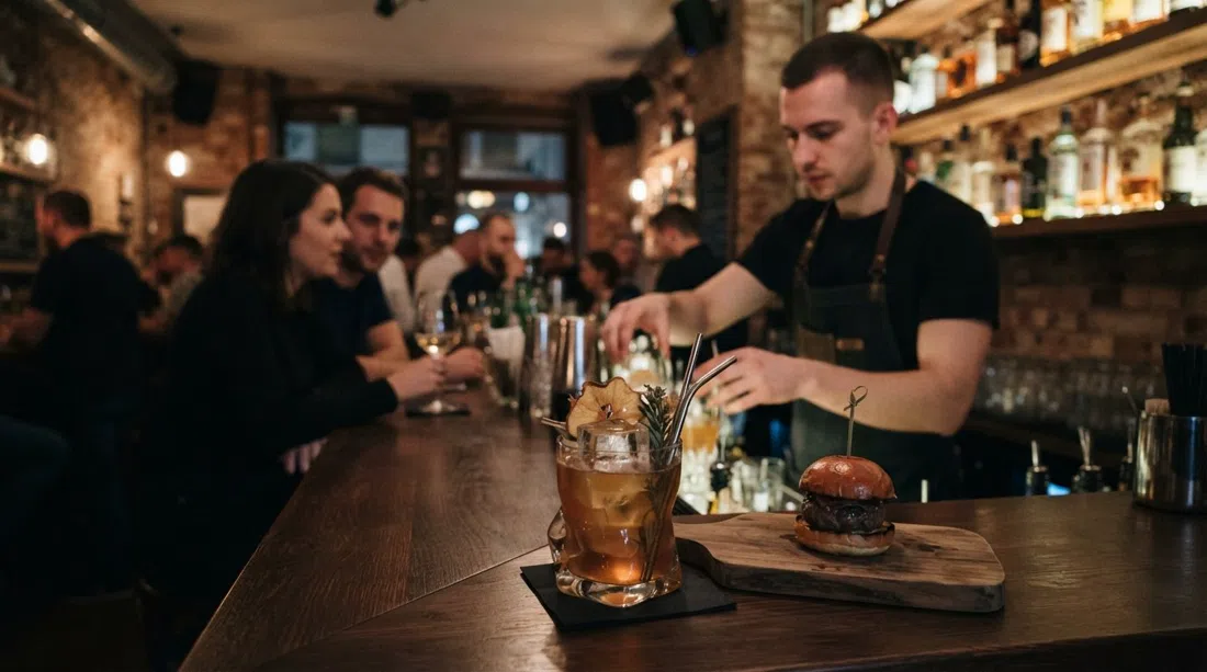 a precise avant-garde cocktail at Little Link on Maastrichter Straße, low light, polished glassware and a small burger on the bar
