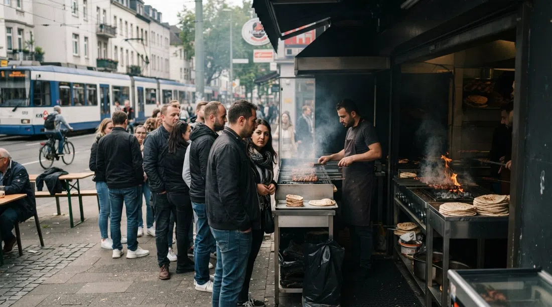 the queue outside Kebapland in Ehrenfeld, charcoal-grill kiosk front, fresh flatbread and street traffic on Venloer Straße