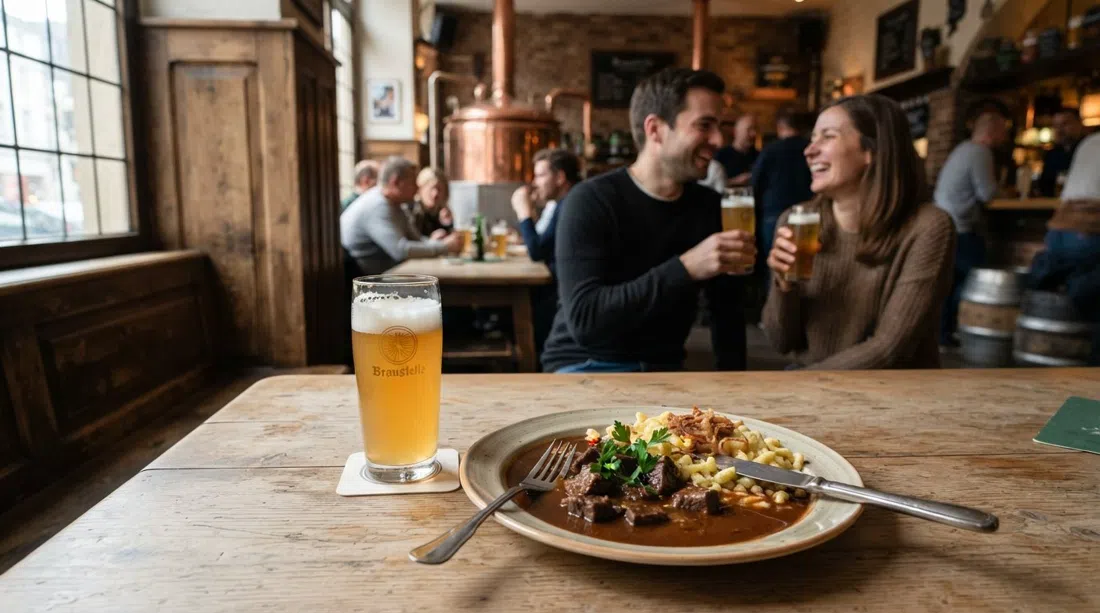 a glass of cloudy Helios Wiess-style Kölsch and a plate of beer goulash at Braustelle’s cosy taproom table
