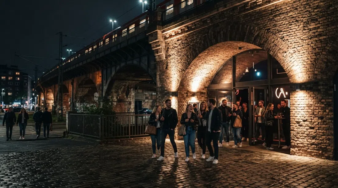 Club Bahnhof Ehrenfeld under the S-Bahn arches at night, brick railway vaults lit from below with people entering the venue