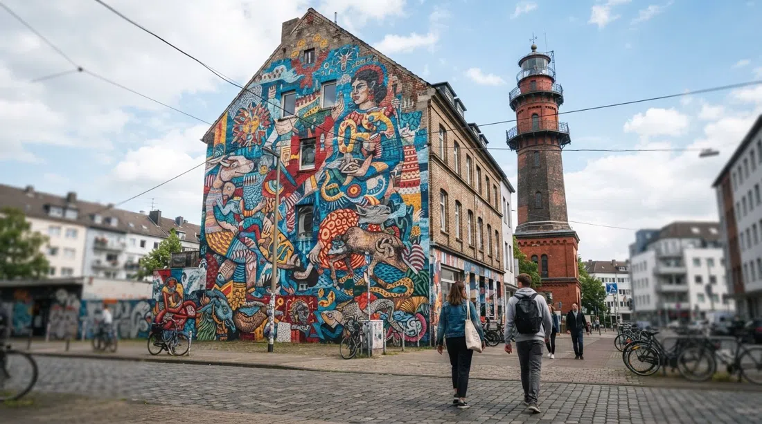 a wall-sized mural on Heliosstraße in Ehrenfeld, bold urban art covering a gable end beside the Helios lighthouse