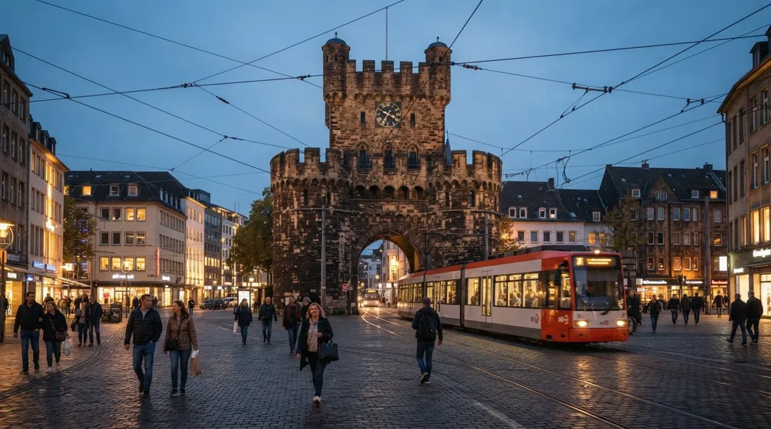 Severinstorburg rising above Chlodwigplatz at dusk, medieval stone gate framed by tram wires and Gründerzeit façades